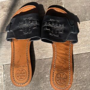 Tory Burch Black and Tan Slide Sandals